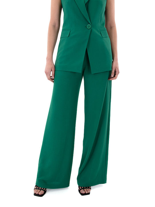 Moutaki Women's High-waisted Fabric Trousers in Wide Line Green
