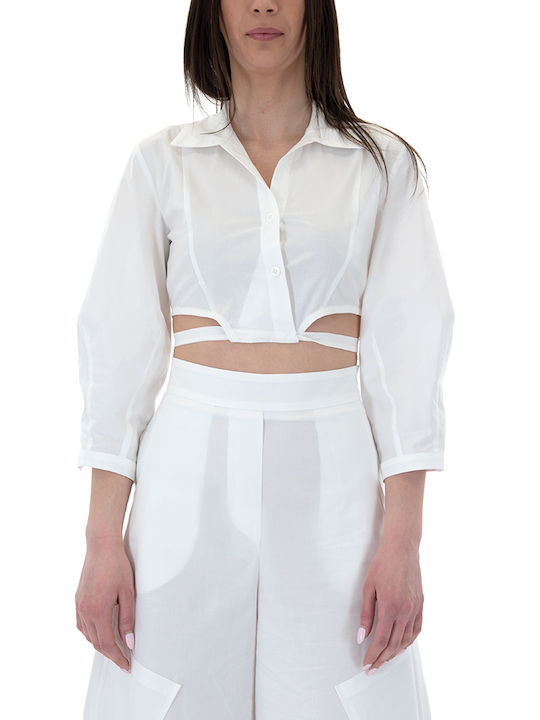 Moutaki pentru Femei de Vară Crop Top din Bumbac cu Mâneci Lungi cu Fermuar White