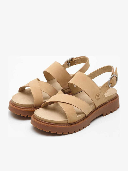 Clairemont Way Leather Women's Flat Sandals in Beige Color