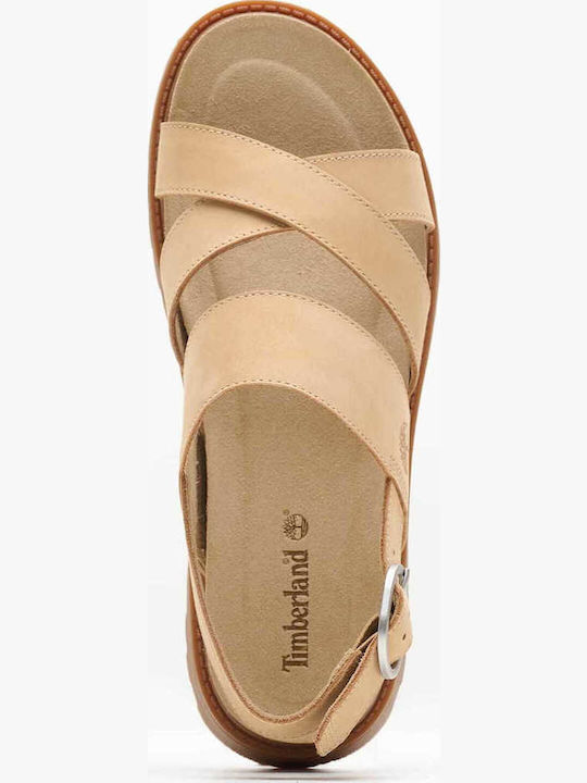 Clairemont Way Leather Women's Flat Sandals in Beige Color