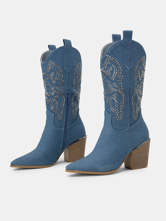 Bozikis Medium Heel Cowboy Boots with Zipper Blue
