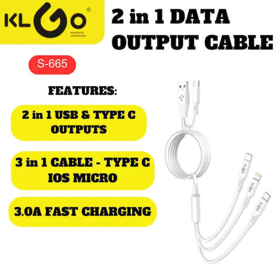 KLGO Braided USB to Lightning / Type-C / micro USB 1m Cable White