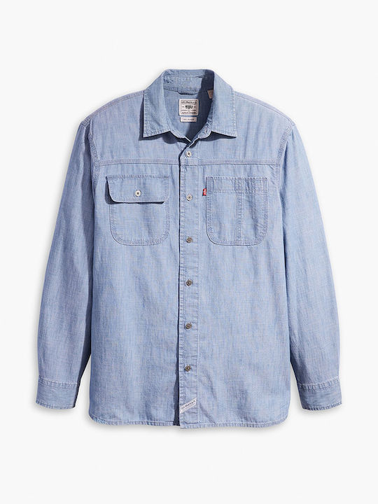Worker Long-sleeved Denim Shirt in Wide Line Light Blue