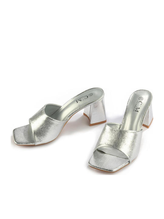 Leather Mules with Chunky High Heel in Silver Color