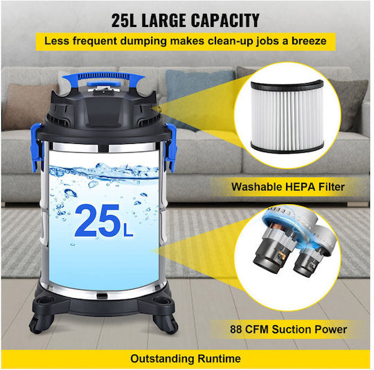 Vevor Σκούπα Υγρών / Στερεών 1200W με Ανοξείδωτο Κάδο 25lt
