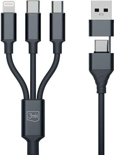 3MK Braided USB to Lightning / Type-C / micro USB Cable 3A Μαύρο 1.5m