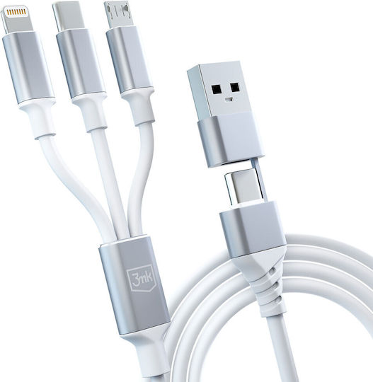 3MK Плетена USB към Lightning / Type-C / micro USB Кабел 3Спецификация Бял 1.5м