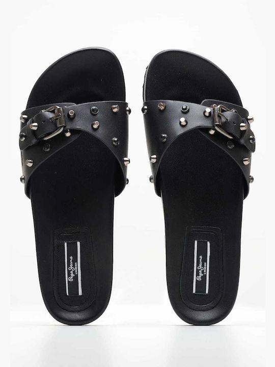 Pepe Jeans Leather Women's Flat Sandals in Black Color