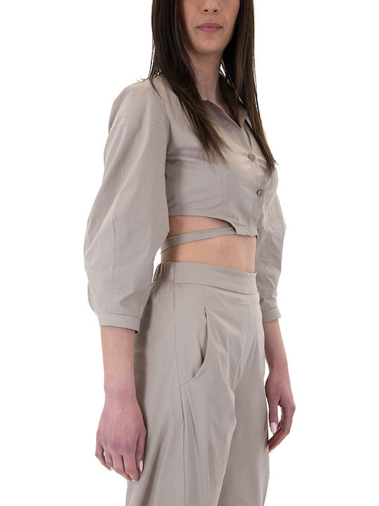 Women's Summer Crop Top Cotton Long Sleeve with Zipper Beige
