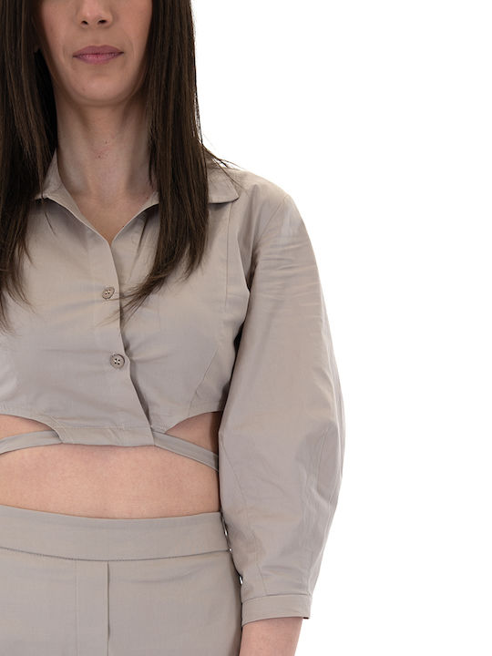 Women's Summer Crop Top Cotton Long Sleeve with Zipper Beige