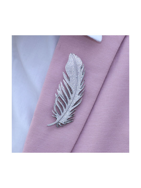 Feather Pin with White Zirconia Silver 925° (p-70720)