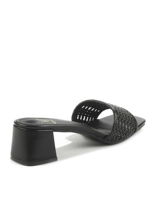 Leather Mules with Chunky Low Heel in Black Color
