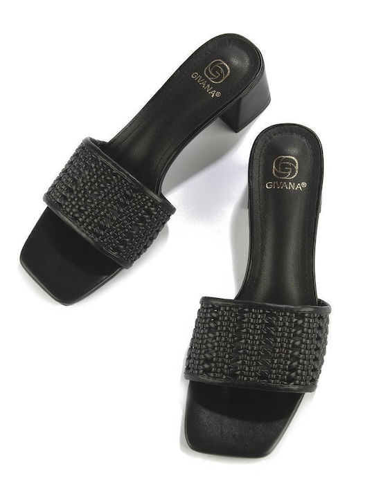 Leather Mules with Chunky Low Heel in Black Color