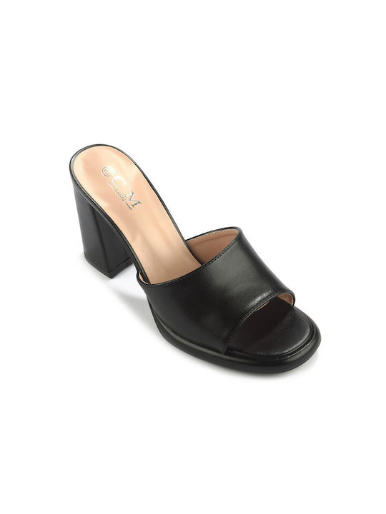 Fshoes Piele Mules cu Mare Toc în Negru Culoare