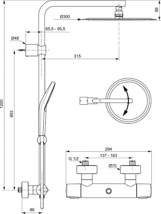 Ideal Standard Standard Idealrain Στήλη Ντουζ με Μπαταρία Ασημί
