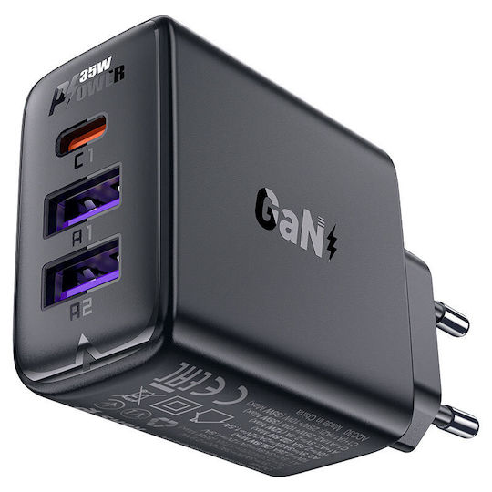 Acefast Φορτιστής Χωρίς Καλώδιο GaN με 2 Θύρες USB-A και Θύρα USB-C 35W Power Delivery / Quick Charge 2.0 / Quick Charge 3.0 / Quick Charge 4+ Μαύρος (A57)
