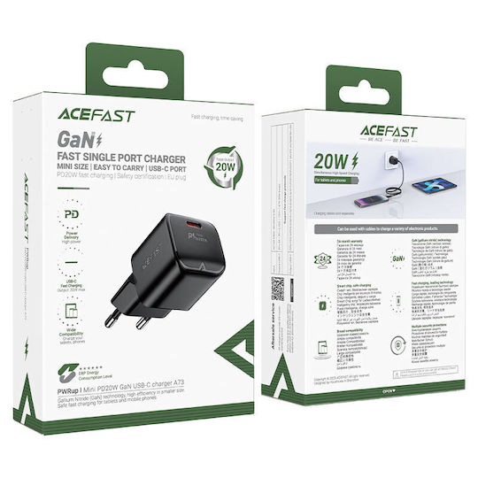 Acefast Φορτιστής Χωρίς Καλώδιο GaN με Θύρα USB-C 20W Power Delivery / Quick Charge 2.0 / Quick Charge 3.0 / Quick Charge 4+ Μαύρος (A73)