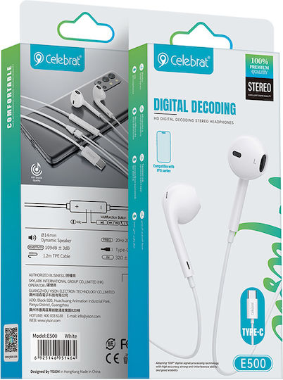 Celebrat E500 In-ear Handsfree Headphones with Connector USB-C White