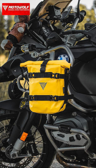 Geantă impermeabilă pentru motocicletă cu capacitate ajustabilă 5-8l, Motowolf, atașament cadru motocicletă, universal, material Plato 500d, galben