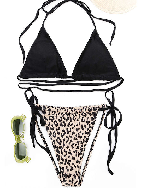 Triangle Swimwear Set with Animal Print Bikini Set - Black