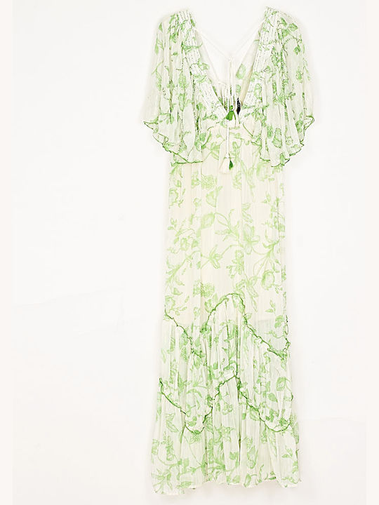 Chiffon Maxi Dress With Embroidered Beads Green/White