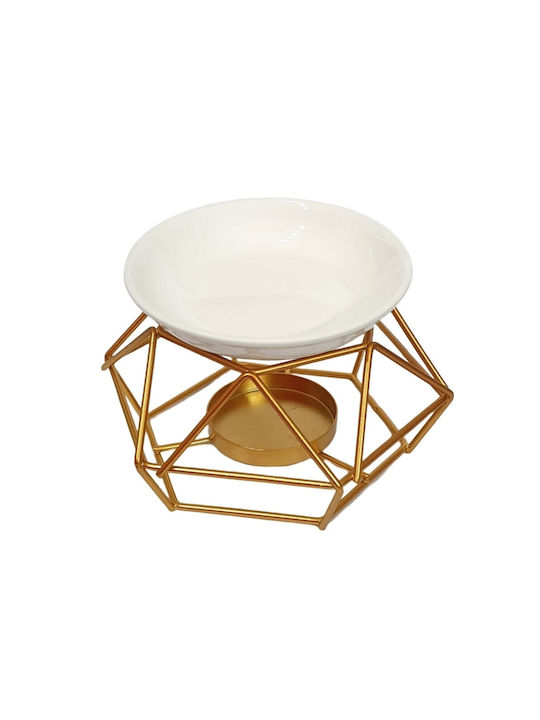 Metal Tealight Holder for Burning Essential Oils and Wax Melts with Ceramic Bowl Gold - White