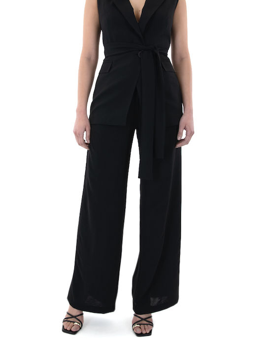 Moutaki Women's High-waisted Fabric Trousers in Wide Line Black