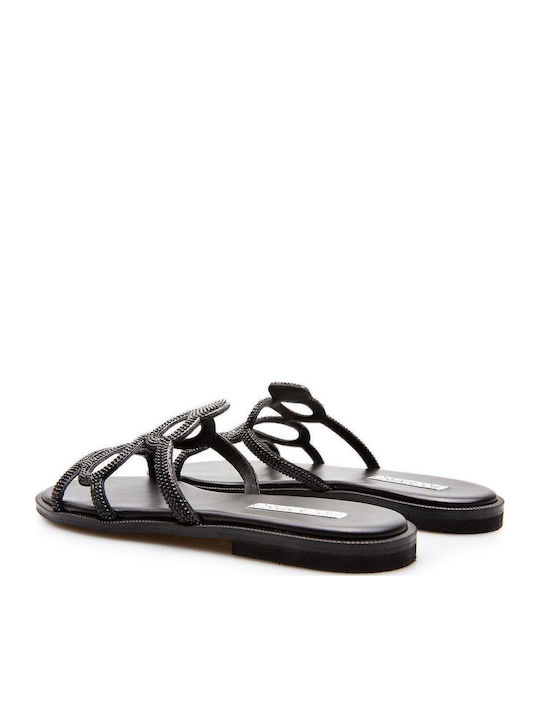 Leather Women's Flat Sandals in Black Color