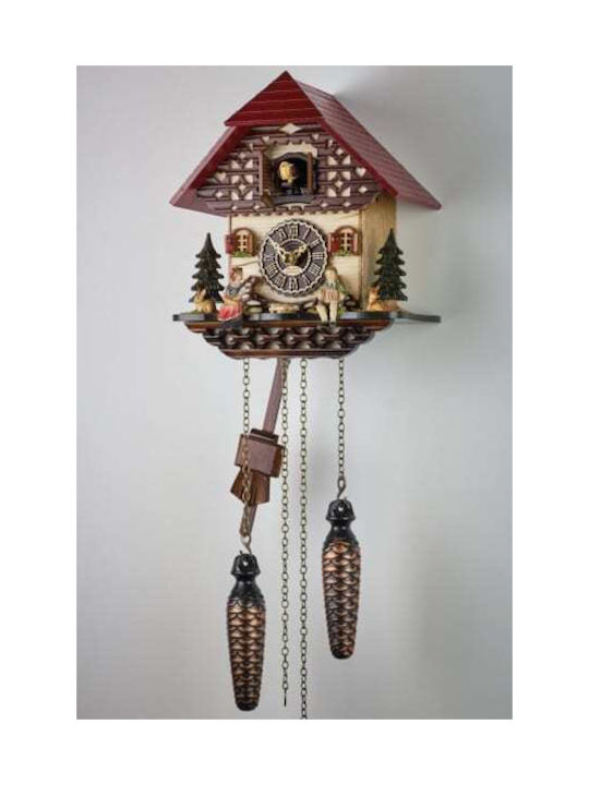 Cuckoo clock with handmade Alpine house show, girl & boy figures, music and pendants.