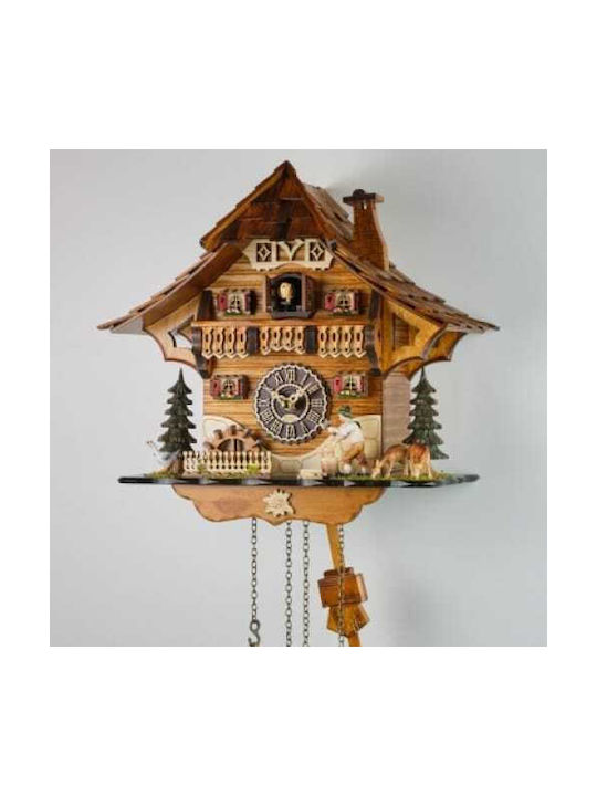 Cuckoo clock with handmade Alpine house show, woodcutter cutting wood, animated mill, music and pendants.