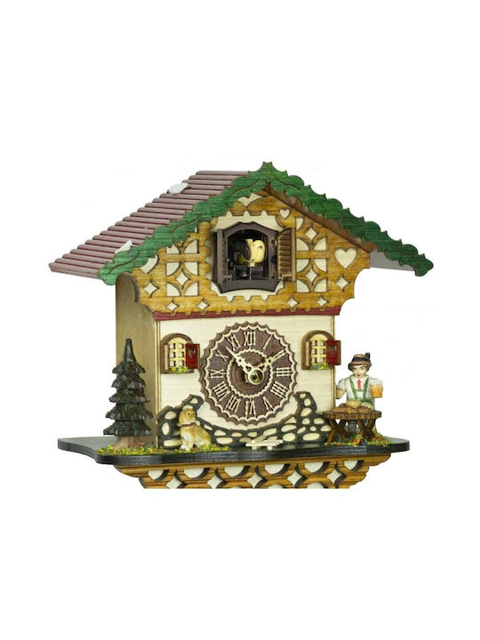 Cuckoo Clock with handmade Alpine house depiction with a Bavarian drinking beer and a dog.