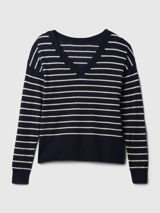 24/7 Split-hem Linen-blend Sweater Navy Blue & White Stripe