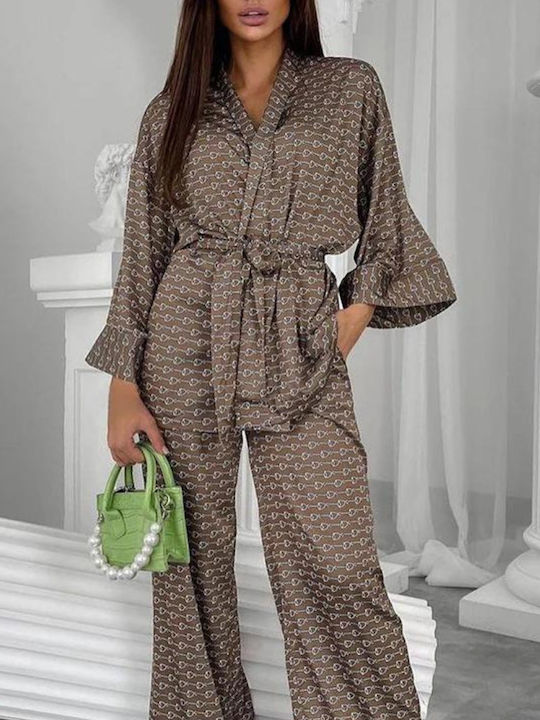 Vera Pajama Set with Airy Kimono with Belt and Pants with Chain Design