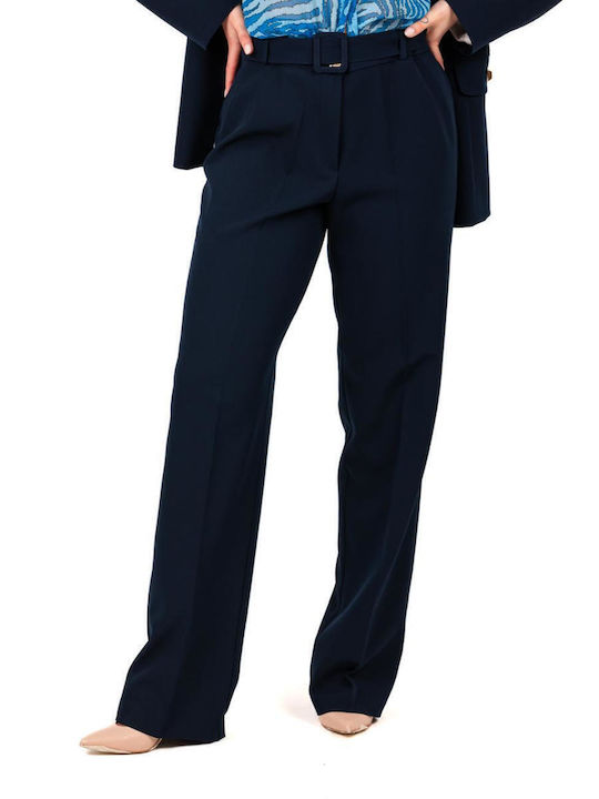 Damen Hoch tailliert Stoff Hose Schlag Blue
