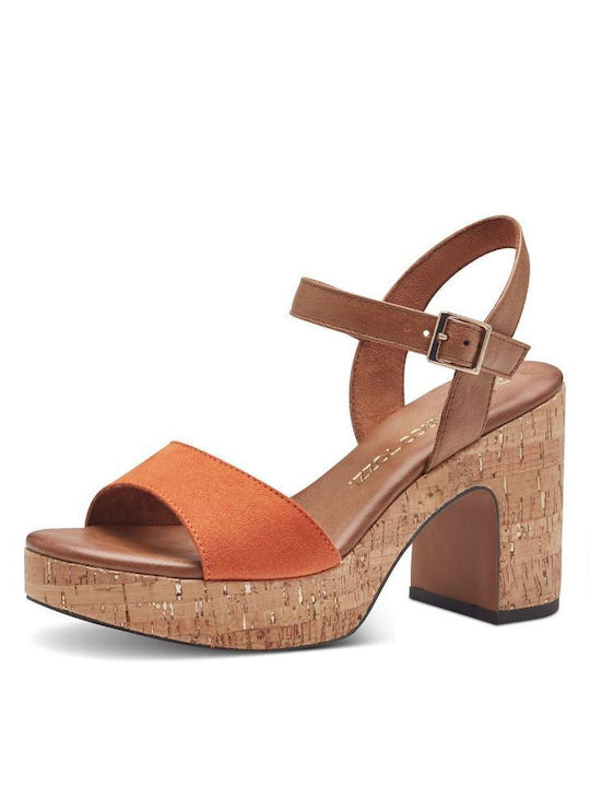 Marco Tozzi Synthetic Leather Women's Sandals Orange with High Heel