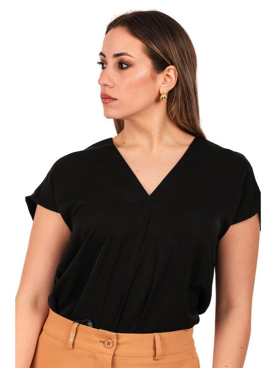 Passager Women's Summer Blouse Satin Short Sleeve with V Neckline black