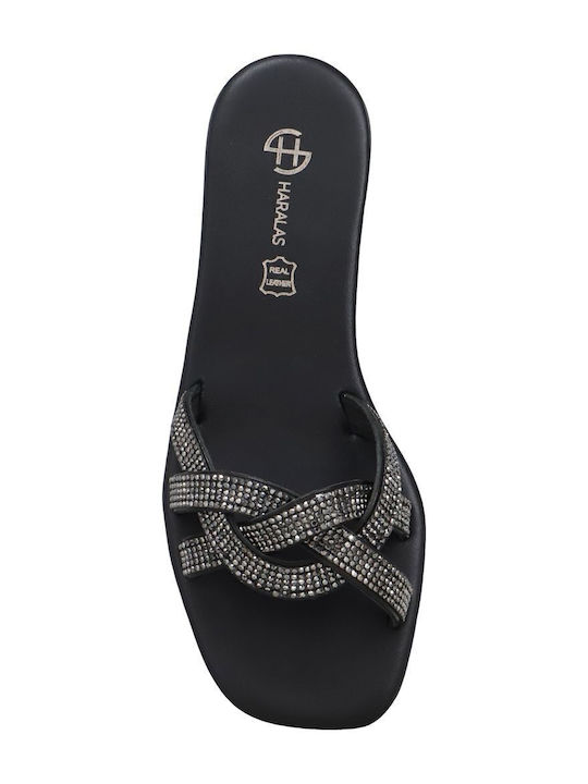 Leather Women's Flat Sandals in Black Color