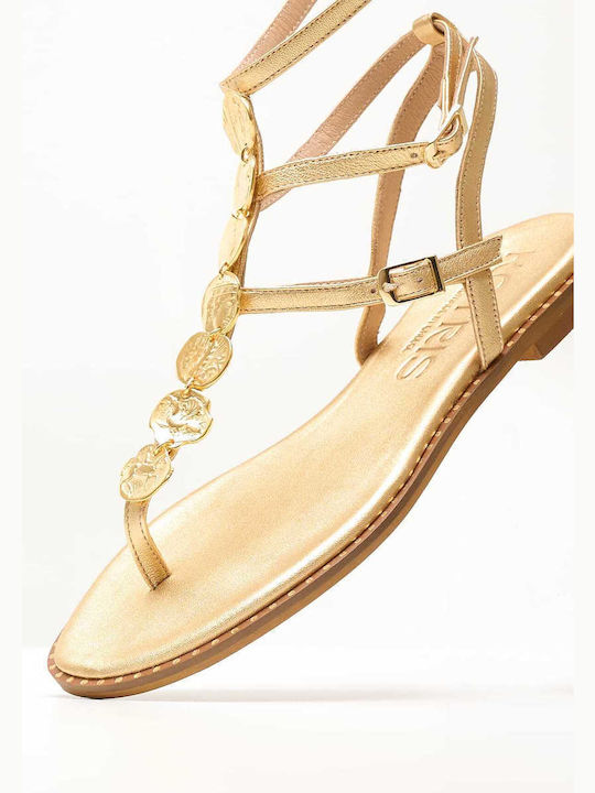 Makis Kotris Leather Women's Flat Sandals in Gold Color