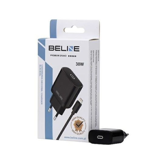 Beline Ladegerät mit USB-C Anschluss und Kabel USB-C - Lightning 30W Stromlieferung Schwarzs (U03)