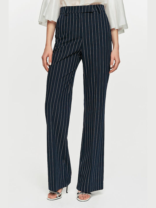 Dejavu Women's High-waisted Fabric Trousers in Regular Fit Striped Navy Blue