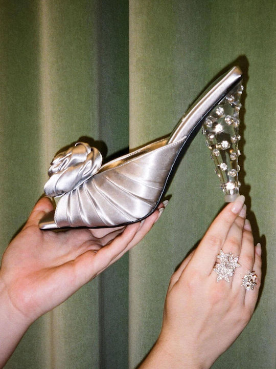 Mules with Chunky High Heel in Silver Color