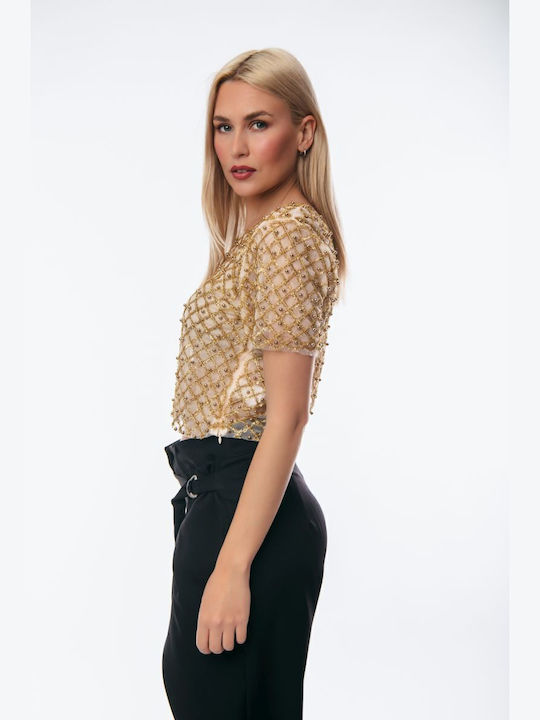 Damen Sommer Bluse Kurzärmelig GOLD
