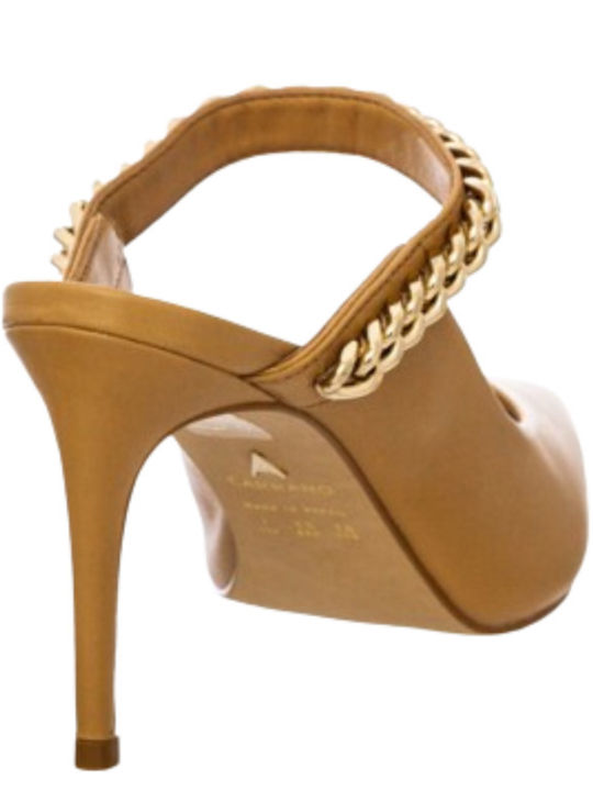 Mestico Leather Mules with Thin High Heel in Beige Color