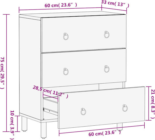 Cabinet Storage Made of Metal & Wood with 3 Drawers L60xW33xH75cm