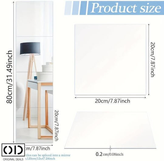Self-adhesive Acrylic Mirrors For Wall And Furniture Decoration, Square Pattern With Straight Corners, Size 20 X 20 Cm, Set Of 4 Pieces, Original Deals