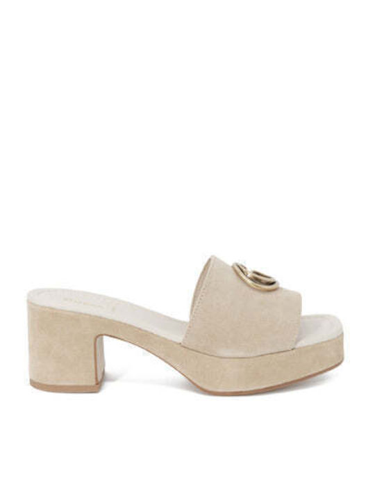 Guess Leder Mules mit Hoch Absatz in Beige Farbe