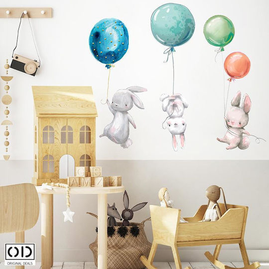 Dekorativer Aufkleber mit Selbstklebefolie für Wand- und Möbeldekoration, Hasen mit Heliumballons, Mehrfarbig, Original Deals