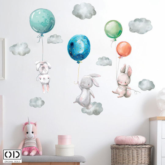 Dekorativer Aufkleber mit Selbstklebefolie für Wand- und Möbeldekoration, Hasen mit Heliumballons, Mehrfarbig, Original Deals