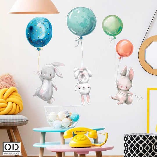 Dekorativer Aufkleber mit Selbstklebefolie für Wand- und Möbeldekoration, Hasen mit Heliumballons, Mehrfarbig, Original Deals