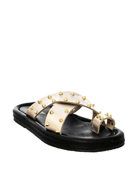 Wall Street Leder Damen Flache Sandalen in Gold Farbe